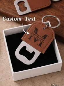 1pc Personalized Leather Bottle Opener Keychain, Customized Christmas Gift, Engravable Bottle Opener Keychain, Wedding Favor, Engravable Beer Bottle Opener, Gift For Boyfriend, Men's Gift, Birthday Gift, Husband Gift - Brown - View 1