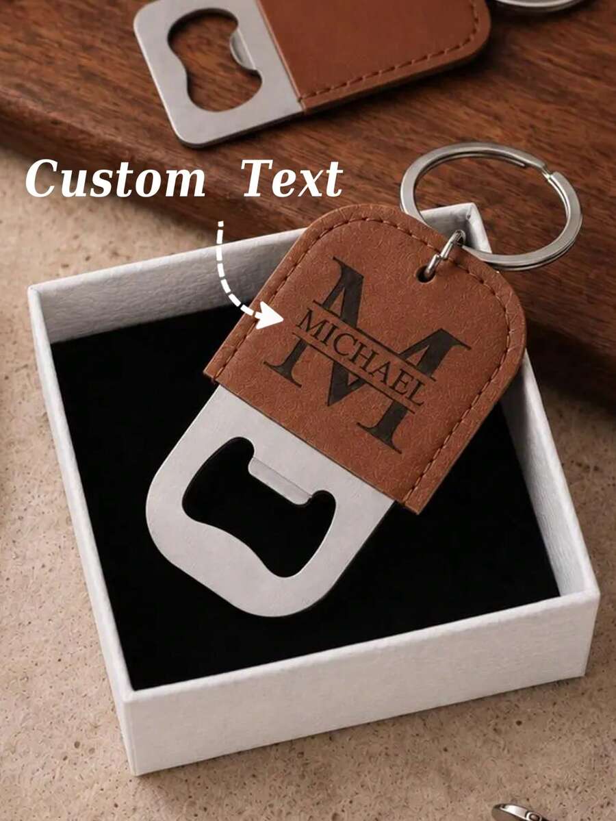 1pc Personalized Leather Bottle Opener Keychain, Customized Christmas Gift, Engravable Bottle Opener Keychain, Wedding Favor, Engravable Beer Bottle Opener, Gift For Boyfriend, Men's Gift, Birthday Gift, Husband Gift - Brown - View 1