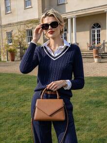 Vuslat Women's Preppy V-Neck Fitted Cable Knit Sweater Top, Suitable For Party, Shopping, Back To School, Christmas, Commuting And Work - Navy Blue - View 5