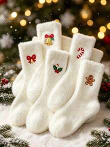 1/3/5 Pairs Winter Christmas Atmosphere Socks Bell Candy Cane Gingerbread Man Embroidered Warm Women's Socks Winter Warm Home Socks - Multicolor - View 3