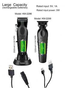 2件組 (KM-2296 & 2299)：Kemei 2296 無線理髮器，0mm 零間隙理髮修剪器，專業電動理髮器；Kemei 2299 無線理髮器，0mm 零間隙理髮修剪器，專業電動精準理髮修剪器 - 黑色 - 查看 4