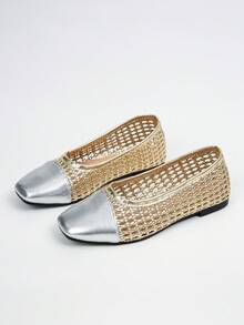 Xfxf Women's Gold Hollow Out Flat Shoes, Fashionable Patchwork Design, Breathable & Comfortable, Suitable For Commuting/Shopping/Daily Casual Wear - Gold - View 8