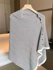1pc Women's Herringbone Striped Button Decor Knitted Shawl, Casual Versatile Shawl, Warm Loose Shawl Scarf Suitable For Daily Wear And Travel - Multicolor - View 6