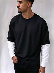 ZYNTH BALENO Men's Autumn/Winter 2-In-1 Crew Neck Long Sleeve T-Shirt, Suitable For Sports, Classic Solid Color - Black - View 2