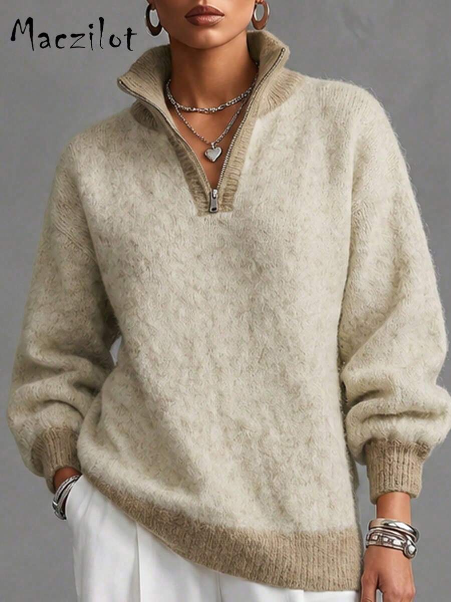 Plus Size Half-Zip Collar Fuzzy Knit Sweater, Long Sleeve Loose Fit Slimming Pullover, Autumn/Winter Casual Commute Top - Camel - View 1