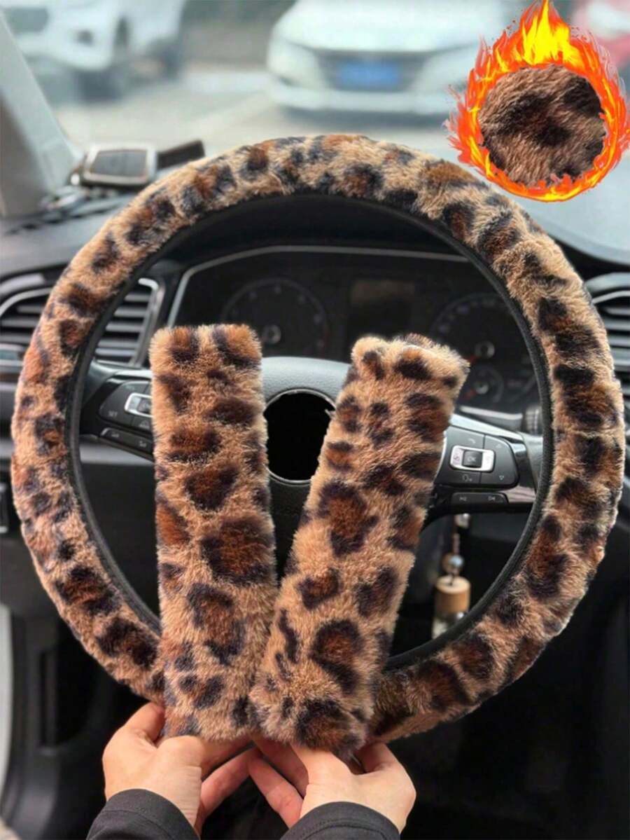 1pc Car Steering Wheel Cover With Leopard Print, Thickened For Winter Warmth And Anti Slip, Handle Cover For Interior Decoration - Multicolor - View 1