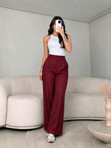 Women's Multi-Color High-Waisted Slim-Fit Wide-Leg Pants | Bohemian Street Style | Perfect For Autumn/Winter Casual, Office Commute And Vacation (Belt Not Included) - Burgundy - View 7