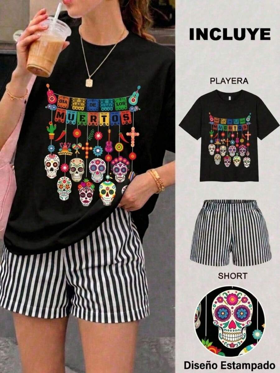 Women Two-Piece Outfits - 2 Black T-shirt With Black and White Striped Shorts - View 1