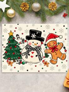 4Pcs Christmas Placemats Cute Snowman Gingerbread Man Xmas Tree Snowflake Print Table Mats Winter Holiday Farmhouse Dining Table Decor - White - View 4
