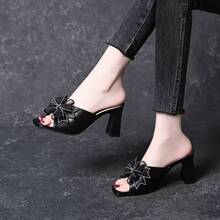 Bowknot Rhinestone Luxury Style Square Toe Open Toe Chunky Heel High Heel One-Strap Slide Sandals For Travel Evening Party Outdoor Wear - Black - View 4