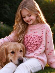 XUMPLO Girls' Elegant Cute Heart Knit Sweater, Halloween, Christmas, Autumn/Winter - Pink - View 3