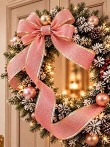 1/2 Rolls Pink Wired Edge Ribbon, Gold Trim Textured Fabric Ribbon For Christmas Tree Decor, Gift Wrapping Bow Making, Wedding & Valentine's Day DIY Crafts - Multicolor - View 3