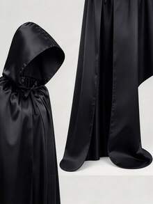 Multi-Size Unisex Black Hooded Long Cloak, Halloween Cosplay Satin Cape, Wizard Vampire Witch Tie-Up Full-Length Robe, Costume Party, Stage Performance, Gothic Outfit Accessory, Suitable For Adults And Teens - Cloak - View 3