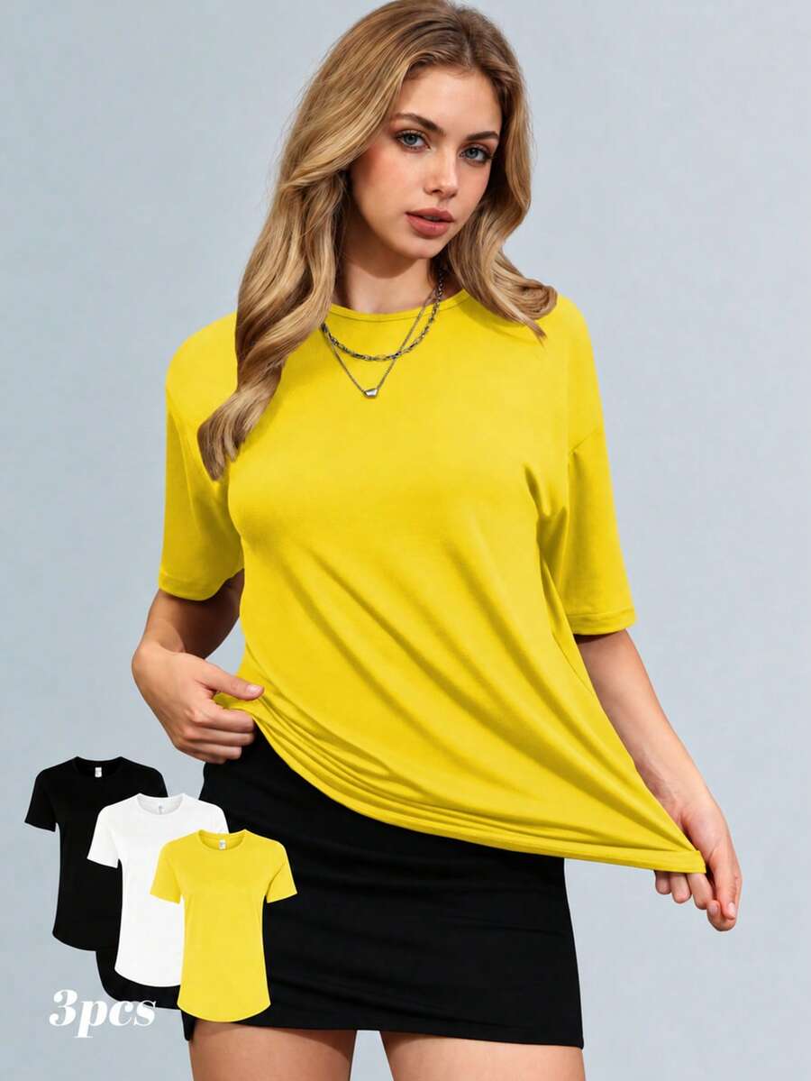 Set de 3 camisetas de mujer de cuello redondo con fruncido, de unicolor, estilo minimalista de moda para el verano - Amarillo - Ver 1