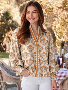 Acelitt Spring/Summer Bohemian Style Casual V-Neck Orange Floral Print Lightweight Woven Long Sleeve Ruched Blouse, Suitable For Daily Outdoor Wear - Orange - View 1