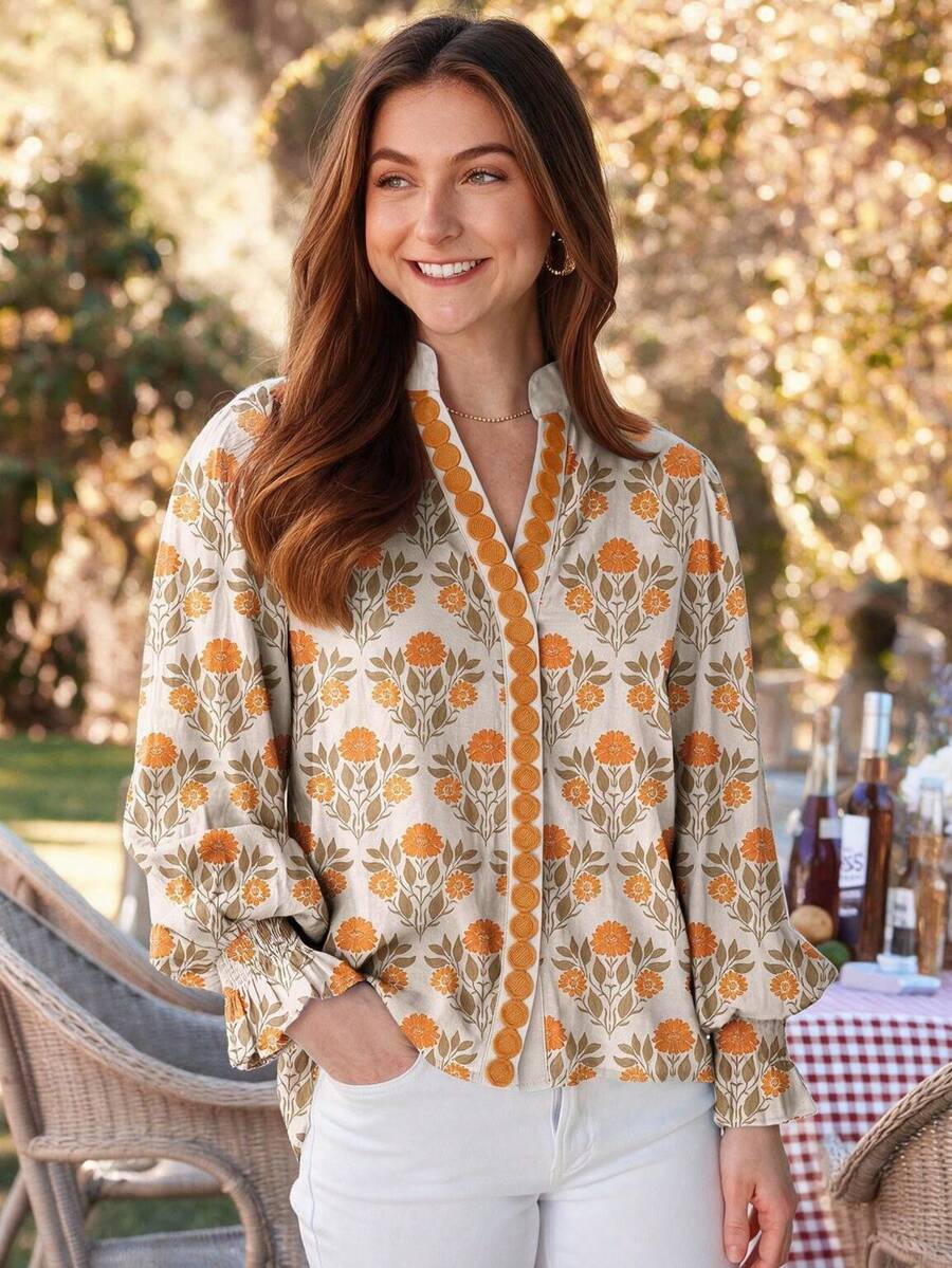 Acelitt Spring/Summer Bohemian Style Casual V-Neck Orange Floral Print Lightweight Woven Long Sleeve Ruched Blouse, Suitable For Daily Outdoor Wear - Orange - View 1