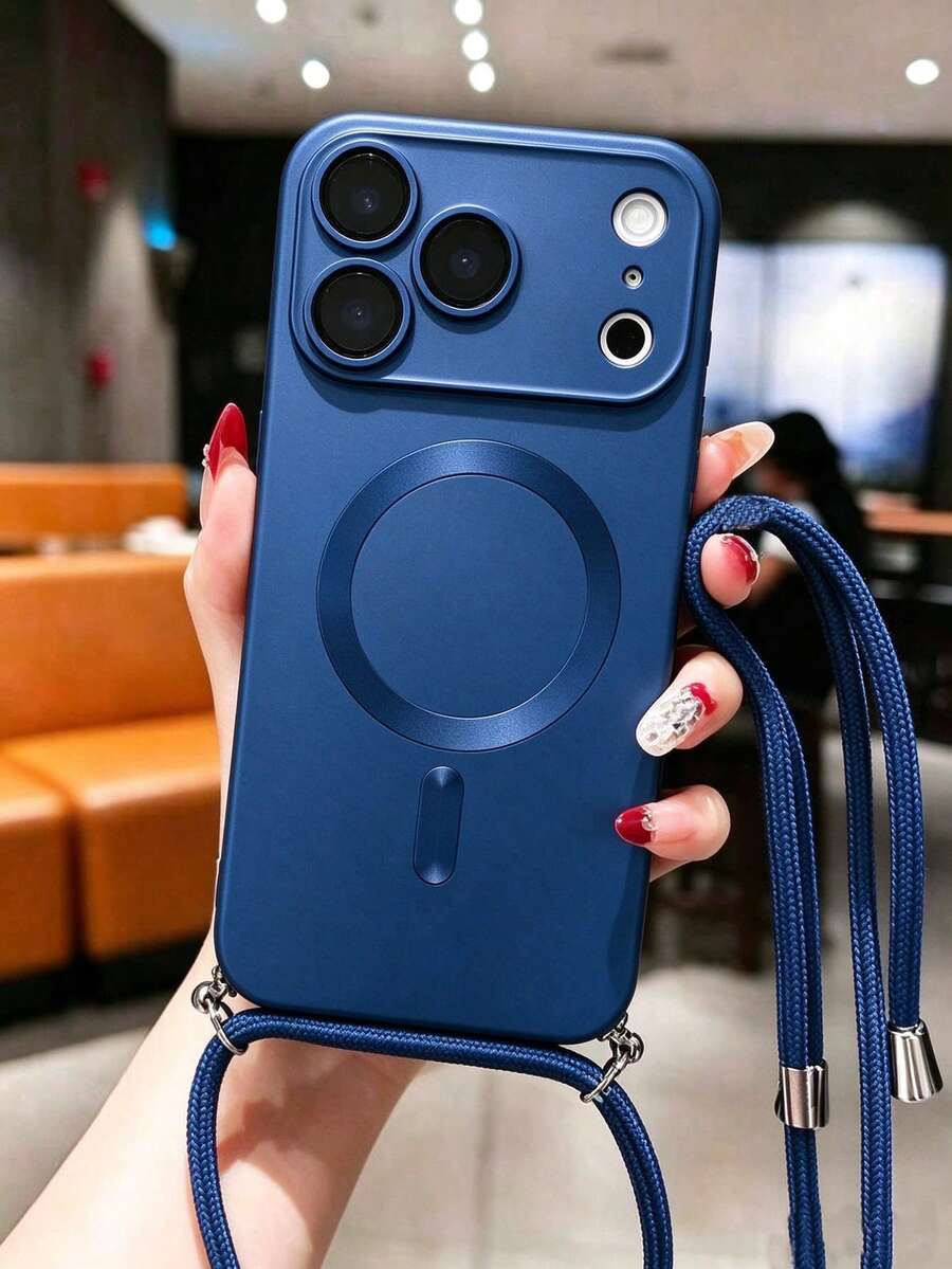 奢華斜跨掛繩磁吸無線充電手機殼,相容 iPhone 18 ProMax 18Pro 17 ProMax 17Pro 16 15 14 13 12 11 Pro Max 16 15 14 Plus,防震鏡頭保護背蓋 - 寶藍色 - 查看 1