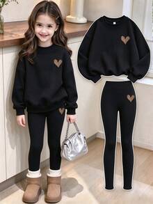 2pcs Set Suitable For Girls Big Tween Girl Round Neck Sweatshirt And Leggings Outfit, Leopard Print Heart Pattern Round Neck Sweatshirt + Leggings Set, Suitable For Autumn/Winter, Campus Style, Homecoming Outfit - Multicolor - View 11