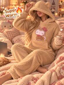 SANRIO 2pcs/Set Women's Cartoon Bear Sweatshirt With Pocket And Ear Design, Long Pants, Fleece, Warm And Comfortable Loungewear Set For Autumn/Winter - Brown - View 1