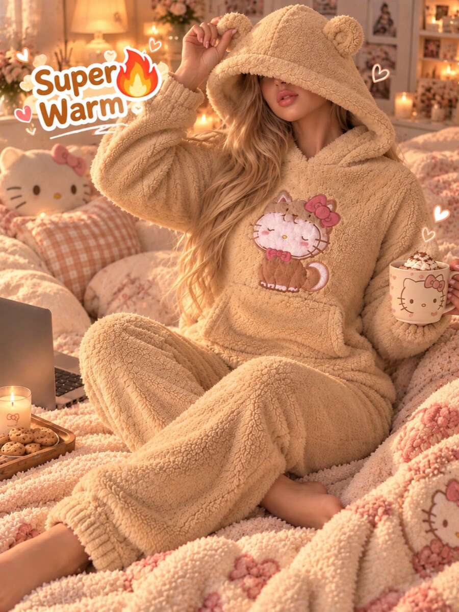 SANRIO 2pcs/Set Women's Cartoon Bear Sweatshirt With Pocket And Ear Design, Long Pants, Fleece, Warm And Comfortable Loungewear Set For Autumn/Winter - Brown - View 1
