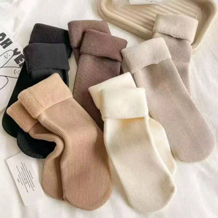 5 Pairs Comfortable Fleece Winter Socks - Thick, Warm, Soft, Earth Tone, Polyester And Spandex Blend, Knitted, Solid Color, Suitable For Cold Weather/Yoga/Sleep, Fashionable Women's 1/5/10 Pairs - Crew Socks - View 1