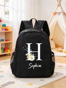 1pc Customizable Minimalist Black Backpack, A-Z 26 Letters White Daisy Pattern, With Zipper Closure And Adjustable Shoulder Straps, Durable And Long-Lasting, Perfect For Daily Use, School And Travel, Ideal Birthday Gift, Christmas Gift - Black - View 3