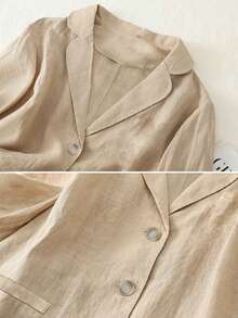 Women's Casual Lightweight Commuter Solid Color Linen Blend Loose Single-Breasted 3/4 Sleeve Blazer, Spring/Summer - Khaki - View 4