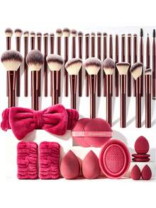 45 Pcs Cosmetic Tool Collection, 32 Pcs Wine Red Makeup Brushes And 13 Pcs Beauty Accessories, Comes With Beauty Sponges, Puffs And Cleaning Tools, Convenient For Makeup Application, Brush Care And Fresh Base Makeup - Burgundy - View 1