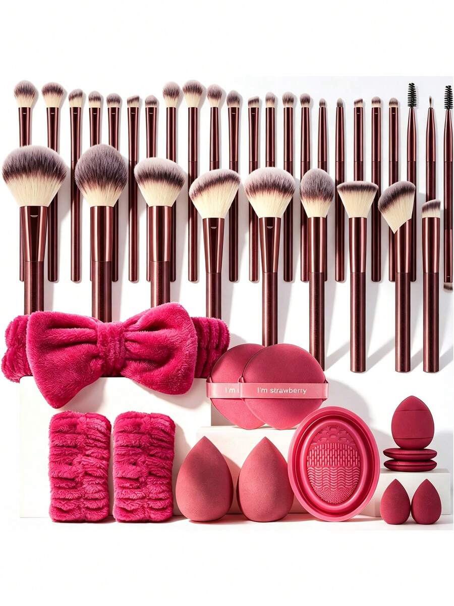 45 Pcs Cosmetic Tool Collection, 32 Pcs Wine Red Makeup Brushes And 13 Pcs Beauty Accessories, Comes With Beauty Sponges, Puffs And Cleaning Tools, Convenient For Makeup Application, Brush Care And Fresh Base Makeup - Burgundy - View 1
