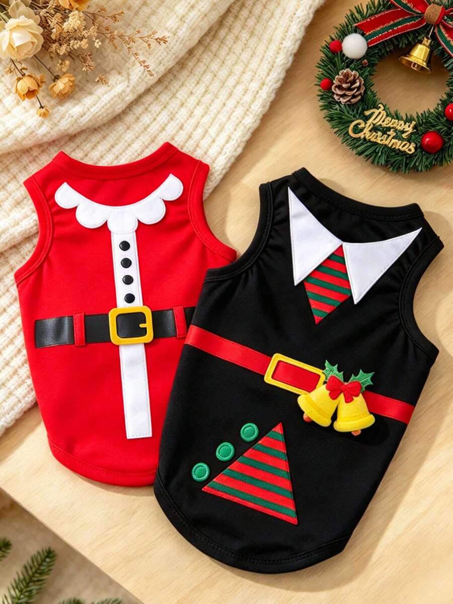 LUCKIE LABO 2pcs Christmas Costume Pet Vest Set, Fun Print, Anti-Flea, Reduces Shedding, Insulated And Breathable, Suitable For Small And Large Dogs And Cats, Indoor And Outdoor - Multicolor - View 1