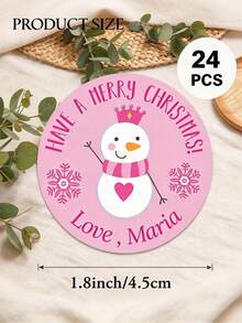 24Pcs Personalized Christmas Round Stickers, Custom Name Cute Pink Snowman Labels, Gift Wrap Decor Stickers For Kids Holiday Present - Multicolor - View 5