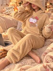 SANRIO 2pcs/Set Women's Cartoon Bear Sweatshirt With Pocket And Ear Design, Long Pants, Fleece, Warm And Comfortable Loungewear Set For Autumn/Winter - Brown - View 2