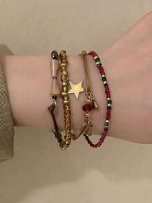 4pcs Vintage Bohemian Style Resin Woven Seed Bead Gold Star Pendant & Small Bell Decor Layered Bracelet Set - Brown - View 5