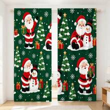 2D Flat 2pcs/Set Santa Claus & Snowman Pattern Curtains, Holiday Winter Decor, High-Definition Digital Print, Christmas Style, All-Season Universal Curtains For Home Living Room, Bedroom, Teen Room Decoration - A - View 2