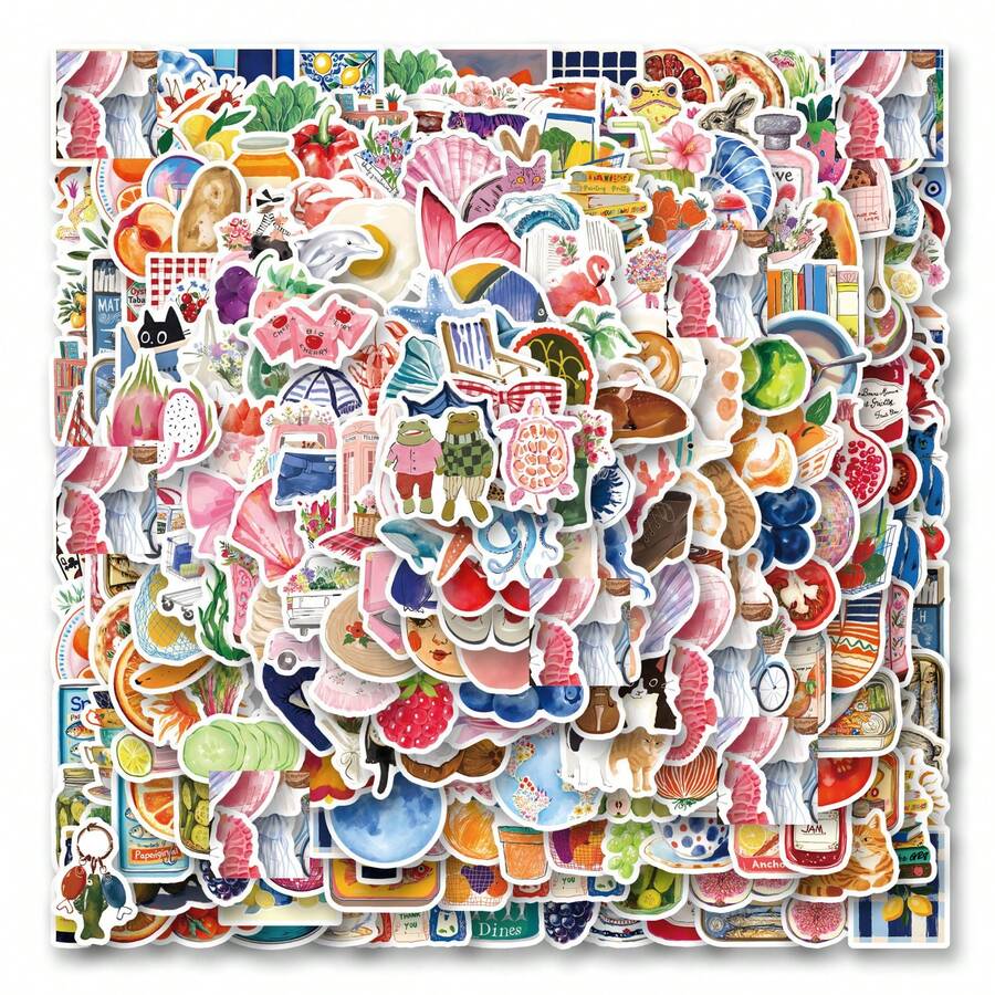 300pcs Colorful Mediterranean Style Art Stickers, Featuring Vegetable, Car, Fruit Pattern Elements Graffiti Stickers, Waterproof Vinyl Material, Suitable For Laptop, Phone, Car, Skateboard, Water Bottle, Scrapbook, Computer, Notebook, Etc. - 300pcs-b - View 1