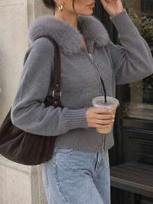 Women's Gray Knitted Zip-Up Hoodie With Faux Fur Trim, Long Raglan Sleeves, Regular Length, Medium Stretch Fabric, Perfect For Fall And Winter - Grey - View 3