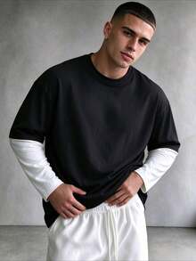 ZYNTH BALENO Men's Autumn/Winter 2-In-1 Crew Neck Long Sleeve T-Shirt, Suitable For Sports, Classic Solid Color - Black - View 5