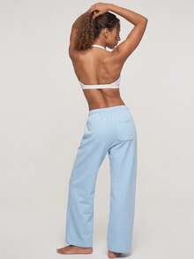 KyrLssu Women's Wide Leg Lined Sweatpants, Elastic Drawstring Waist Pants, Loose Seam Detail Casual Pants, Casual Daily Bottoms With Pockets - Blue - View 2