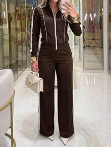 LUNNELUX Women's Autumn 2 Pieces Set Zip-Up Stand Collar Striped Jacket And Side Stripe Wide Leg Pants, Halloween Casual Sports Outfit - Brown - View 8