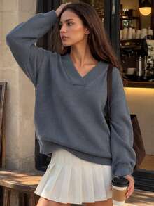 Women's V Neck Knitted Sweater Long Sleeve Drop Shoulder Top For Fall And Winter Daily Wear - Dark Grey - View 3