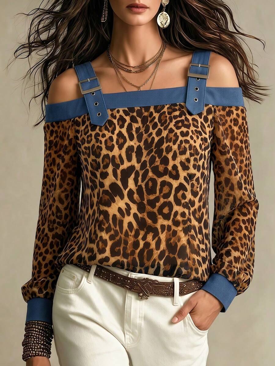 Women's Leopard Print Long Sleeve Casual Loose Patchwork Top, Adjustable Buckle Shoulder Strap One-Shoulder Top, Suitable For Back To School Season, Autumn - Multicolor - View 1