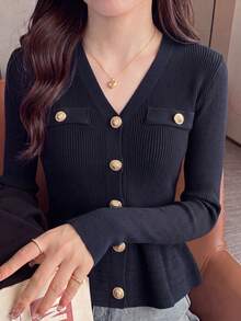 海軍藍 V 領收腰荷葉邊針織開襟外套，女款優雅長袖羊毛開襟毛衣 - 藏蓝色 - 查看 2