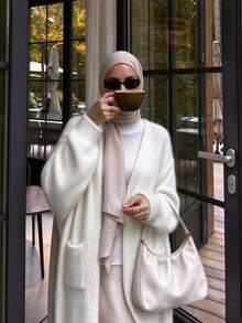 Women's Winter French Elegant Old Money Style Minimalist Knitted Wool-Like Long Cardigan With Ribbed Pockets And Long Sleeves New Year - White - View 2