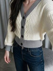 Women's Colorblock V-Neck Cable Knit Short Cardigan, Long Sleeve Front Button Drop Shoulder Cropped Sweater - Apricot - View 2