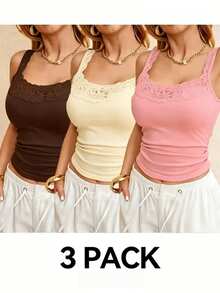 3pcs/Set Women's Lace Sleeveless Camisole Tank Top (No Padding), Side Breast Coverage Design, Slimming And Flattering, Suitable For All Seasons, Basic Top For Layering Or Wearing Alone - Multicolor - View 1