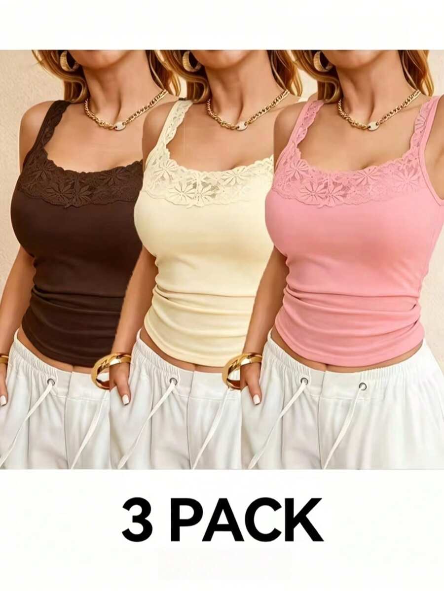 3pcs/Set Women's Lace Sleeveless Camisole Tank Top (No Padding), Side Breast Coverage Design, Slimming And Flattering, Suitable For All Seasons, Basic Top For Layering Or Wearing Alone - Multicolor - View 1