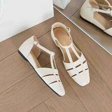 Solid Color Minimalist Beige Square Toe Multi-Stripe Hollow T-Strap Adjustable Buckle Closed Toe Flat Roman Sandals Breathable Versatile Women's Sandals For Commuting And Dating - White - View 4
