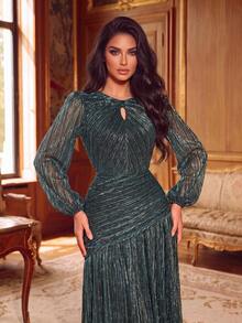 Elegant Round Neck Front Cutout Evening Gown, Suitable For Weddings, Balls, Anniversaries And Formal Occasions Party Fall - Dark Green - View 6