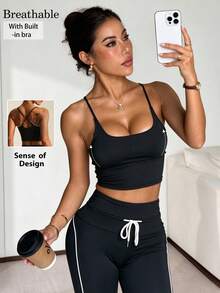 Women's Solid Color Wireless Criss-Cross Strap Fashionable Knit Sports Bra Black Spring, Aesthetic Fall - Black - View 8