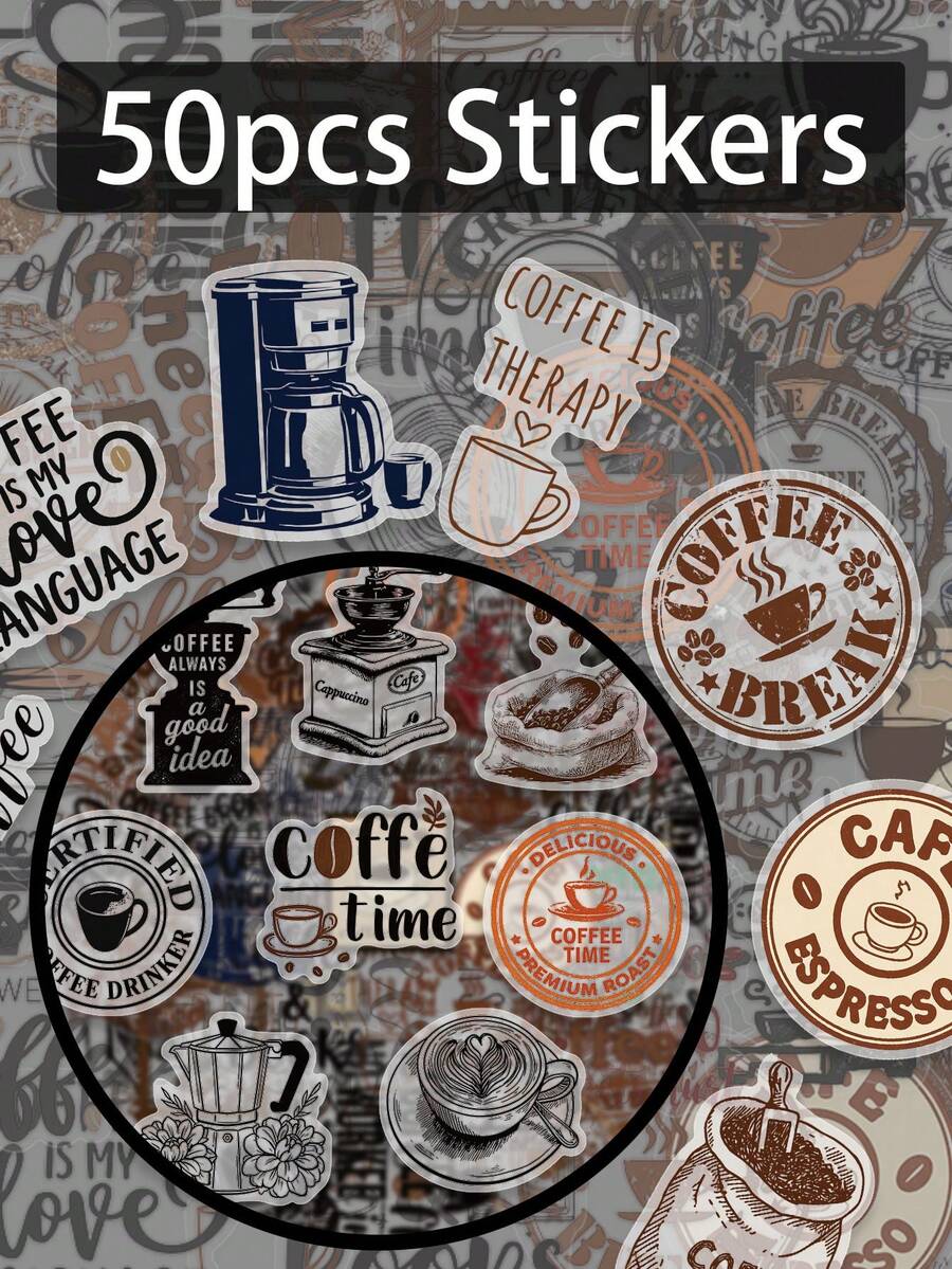 SCXXBSW 50pcs Line-Patterned Coffee Stickers (PET Material) With A Fresh, Minimalist Style-Perfect For Decorating Bicycles, Water Bottles, Manuals, Skateboards, Suitcases, Helmets, And More. An Ideal Gift For Friends And Travel Enthusiasts.